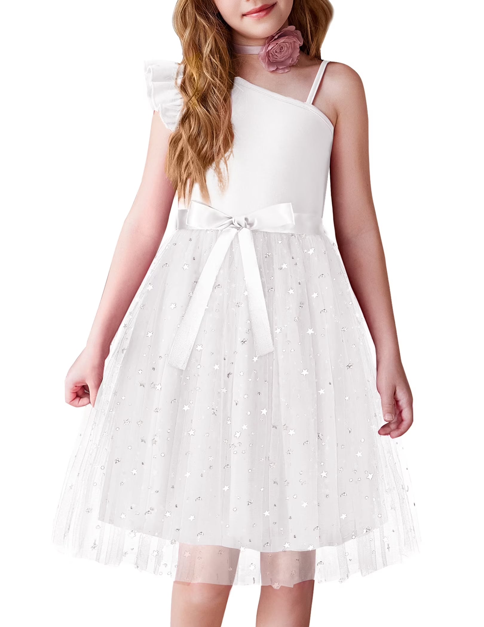 Oudiya Girls Spring One Shoulder Dresses Ruffle Sleeveless Formal Birthday Party Tulle Belted Dress for Kids 4-12Y
