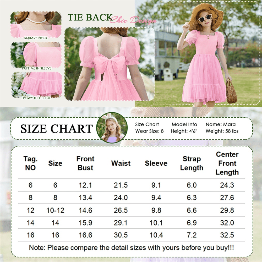 Oudiya Girls Tulle Dresses Puff Sleeve Bow Tie Back Spring Summer Party Holiday Dress for Kids 6-16
