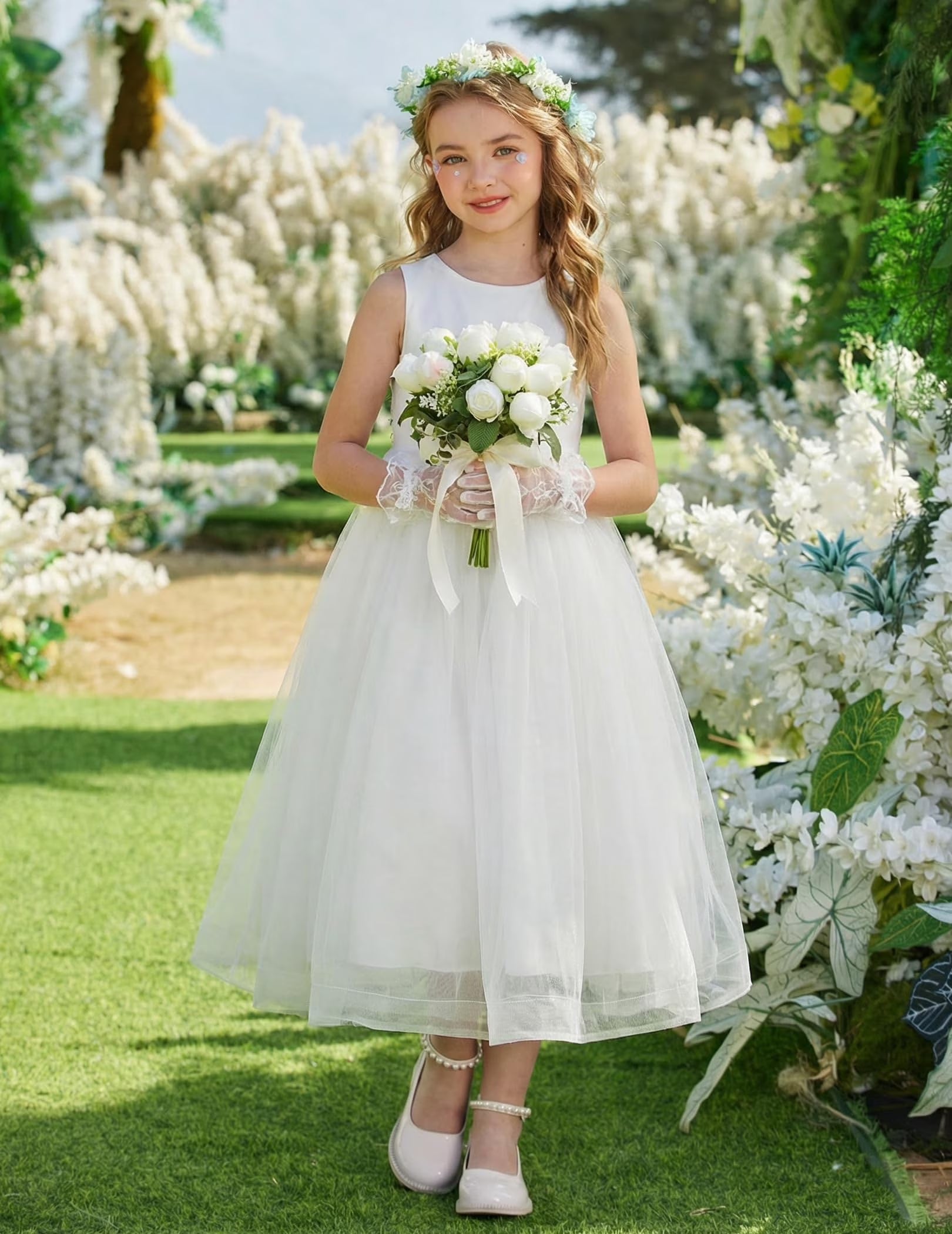 Oudiya Flower Girls Dress Bowknot V-Back Formal Pageant Ball Gown Party Wedding Tulle Long Dresses, 4-12Y
