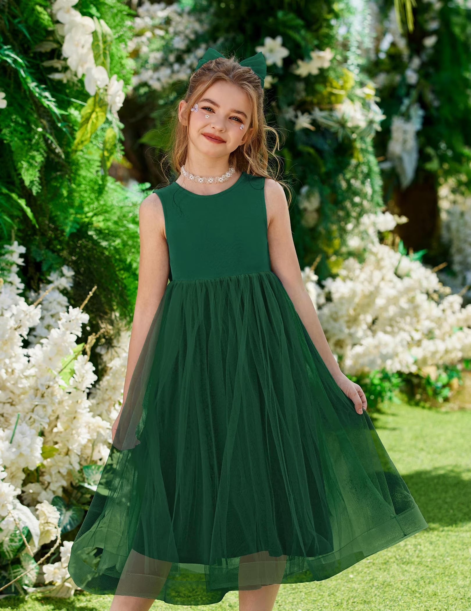 Oudiya Flower Girls Dress Bowknot V-Back Formal Pageant Ball Gown Party Wedding Tulle Long Dresses, 4-12Y