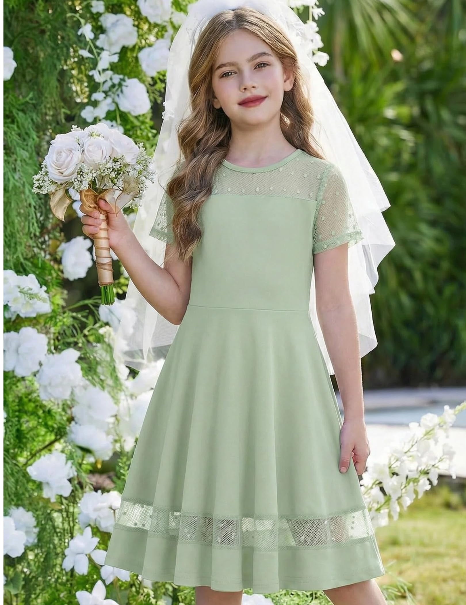 Oudiya Girls Contrast Mesh Short Sleeve A Line Party Dresses Formal Dress with Pockets for Tween 5-12Y