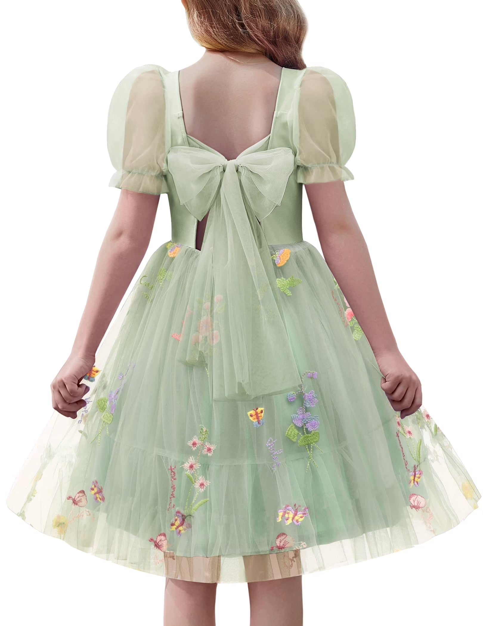 Oudiya Girls Tulle Dresses Puff Sleeve Bow Tie Back Spring Summer Party Holiday Dress for Kids 6-16