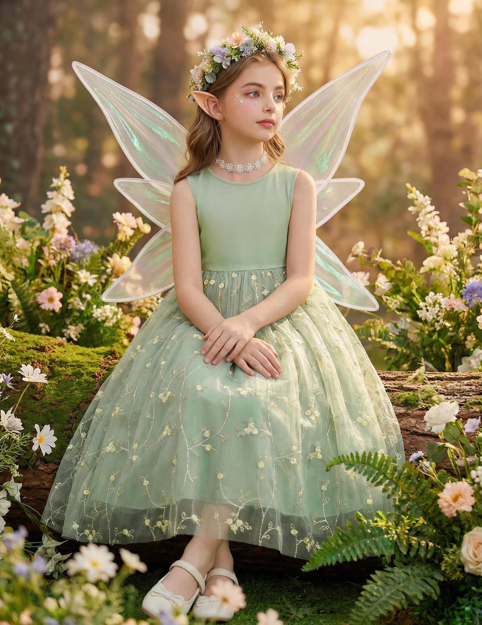 Oudiya Flower Girls Dress Bowknot V-Back Formal Pageant Ball Gown Party Wedding Tulle Long Dresses, 4-12Y