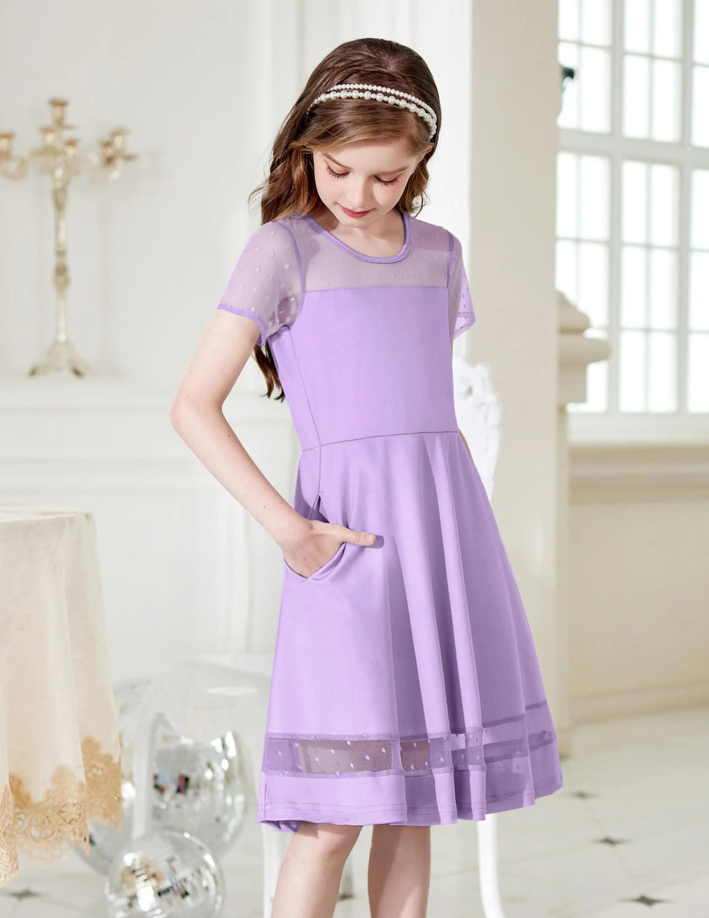 Oudiya Girls Contrast Mesh Short Sleeve A Line Party Dresses Formal Dress with Pockets for Tween 5-12Y