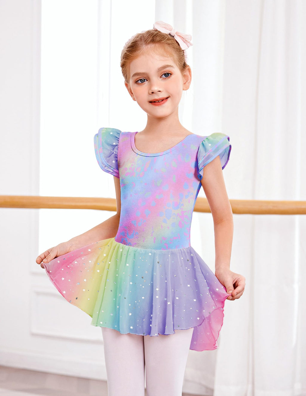 Oudiya Girls Ballet Dress Ruffle Sleeve Dance Leotard with Skirt Criss Cross Back Dance Clothes for Kids 3-4Y