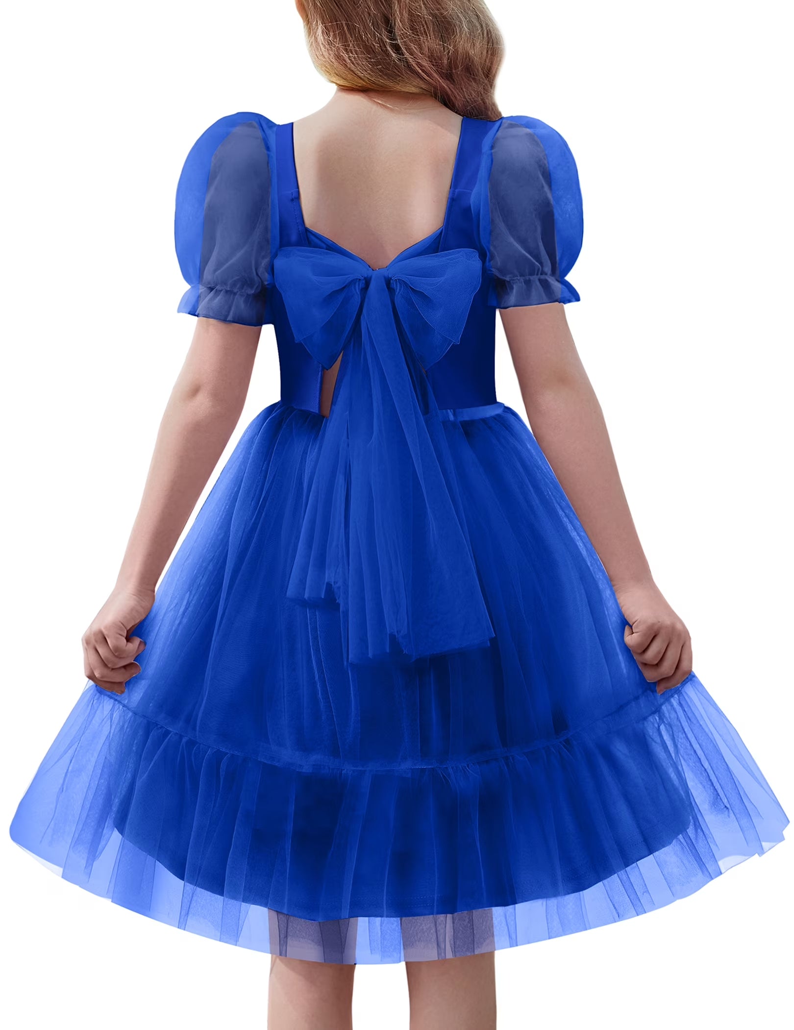 Oudiya Girls Tulle Dresses Puff Sleeve Bow Tie Back Spring Summer Party Holiday Dress for Kids 6-16