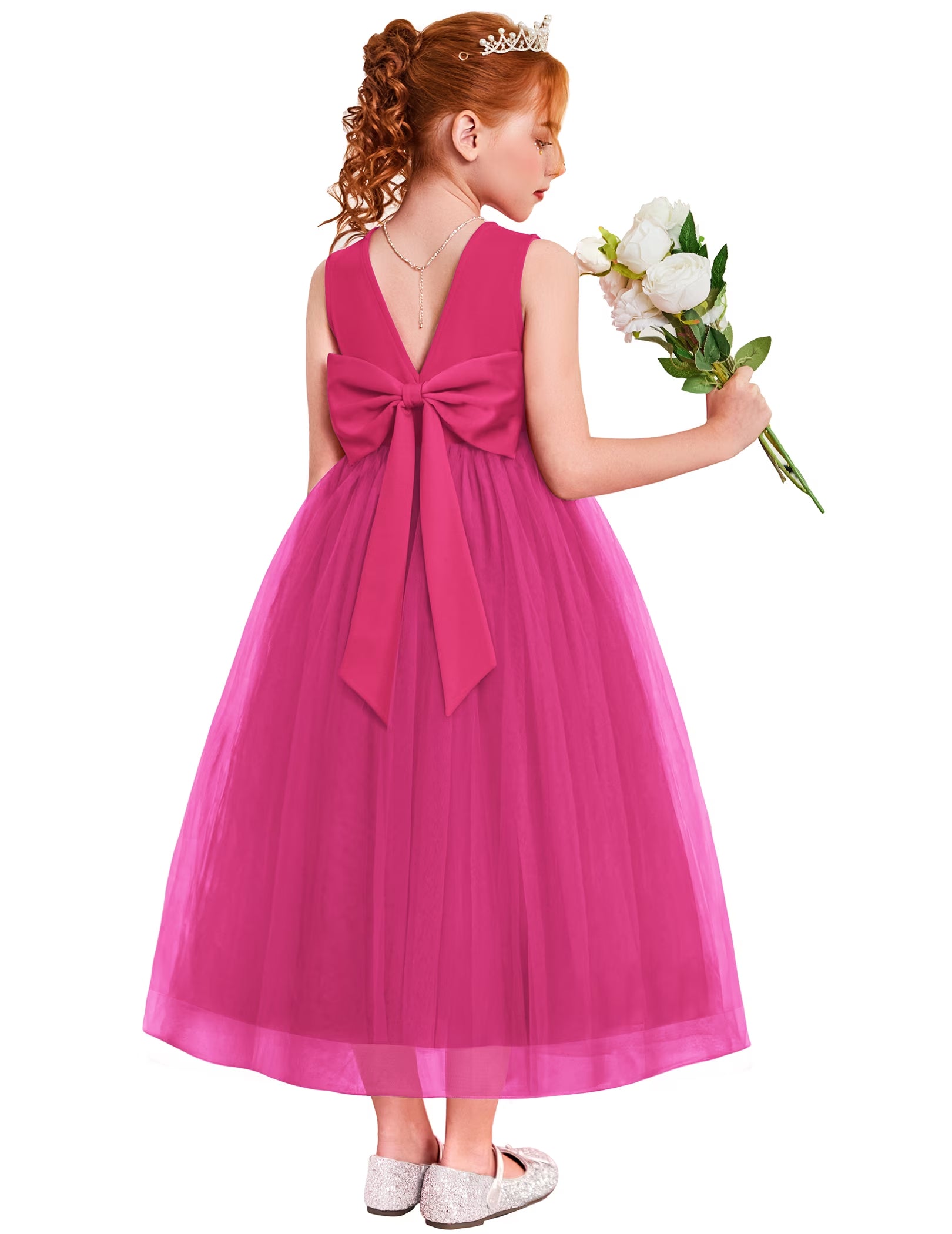 Oudiya Flower Girls Dress Bowknot V-Back Formal Pageant Ball Gown Party Wedding Tulle Long Dresses, 4-12Y