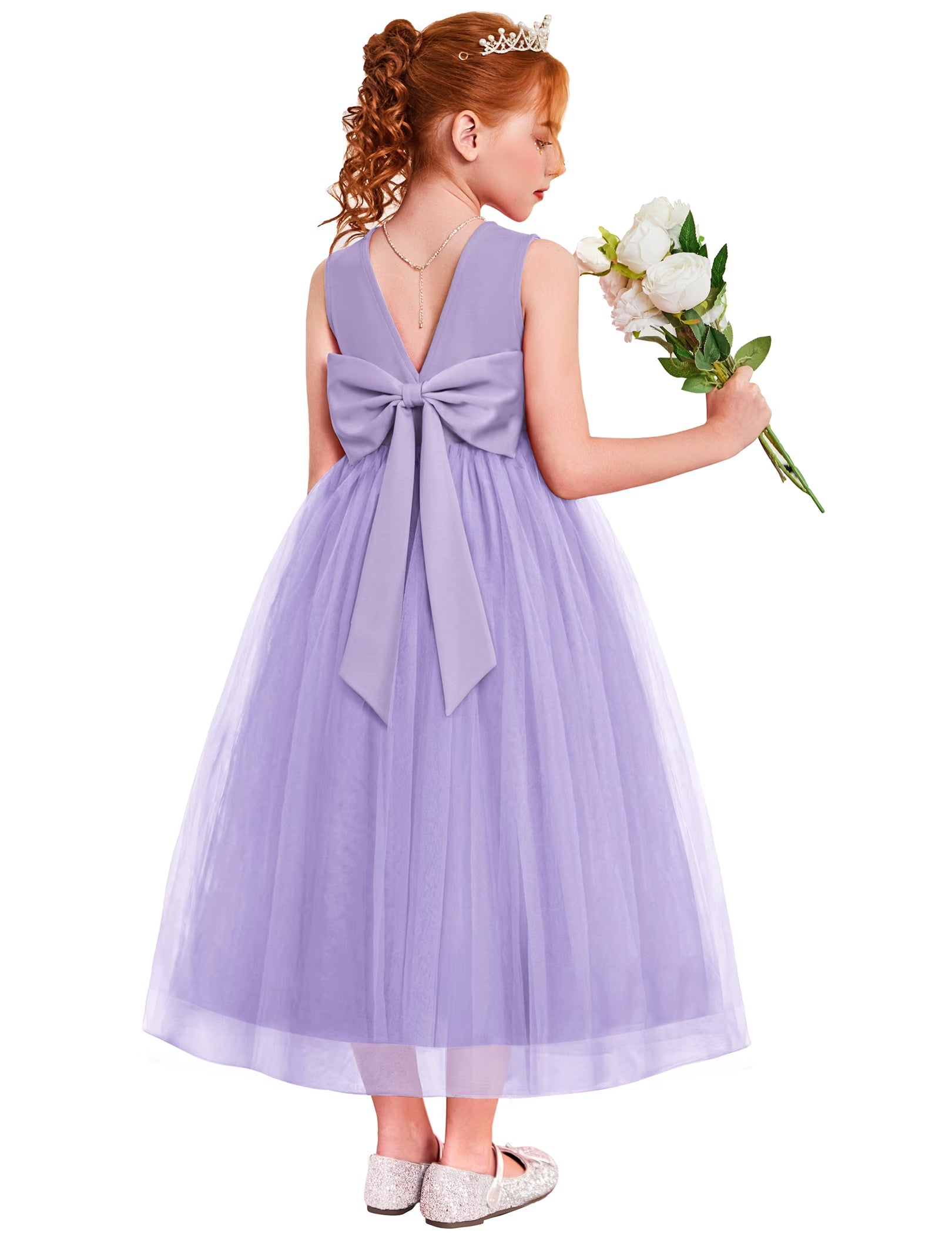 Oudiya Flower Girls Dress Bowknot V-Back Formal Pageant Ball Gown Party Wedding Tulle Long Dresses, 4-12Y