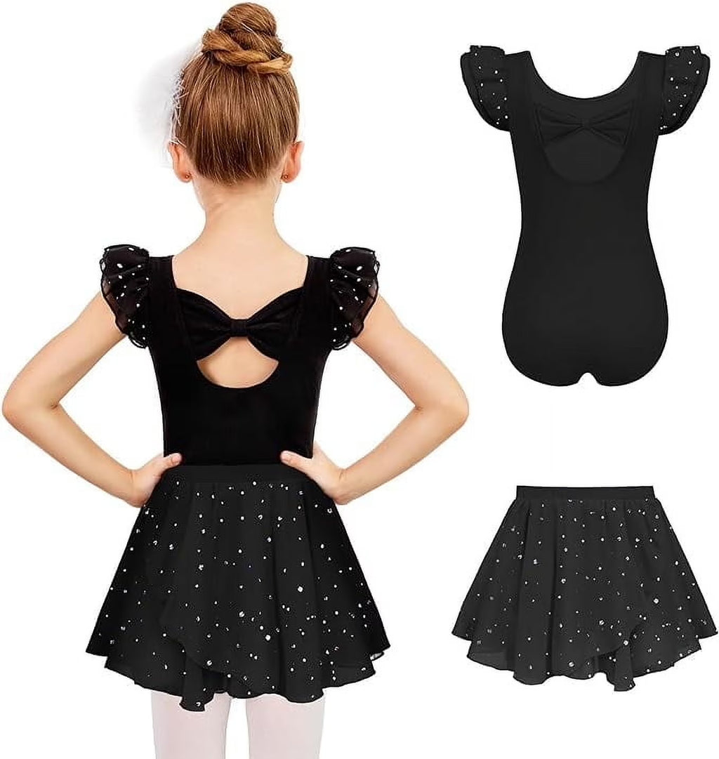 Oudiya Girls Ballet Leotards Ruffle Sleeve Bow Back Toddler Dance Outfits Leotard with Removable Shinny Skirt Combo 3-11Y