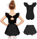 Oudiya Girls Ballet Leotards Ruffle Sleeve Bow Back Toddler Dance Outfits Leotard with Removable Shinny Skirt Combo 3-11Y