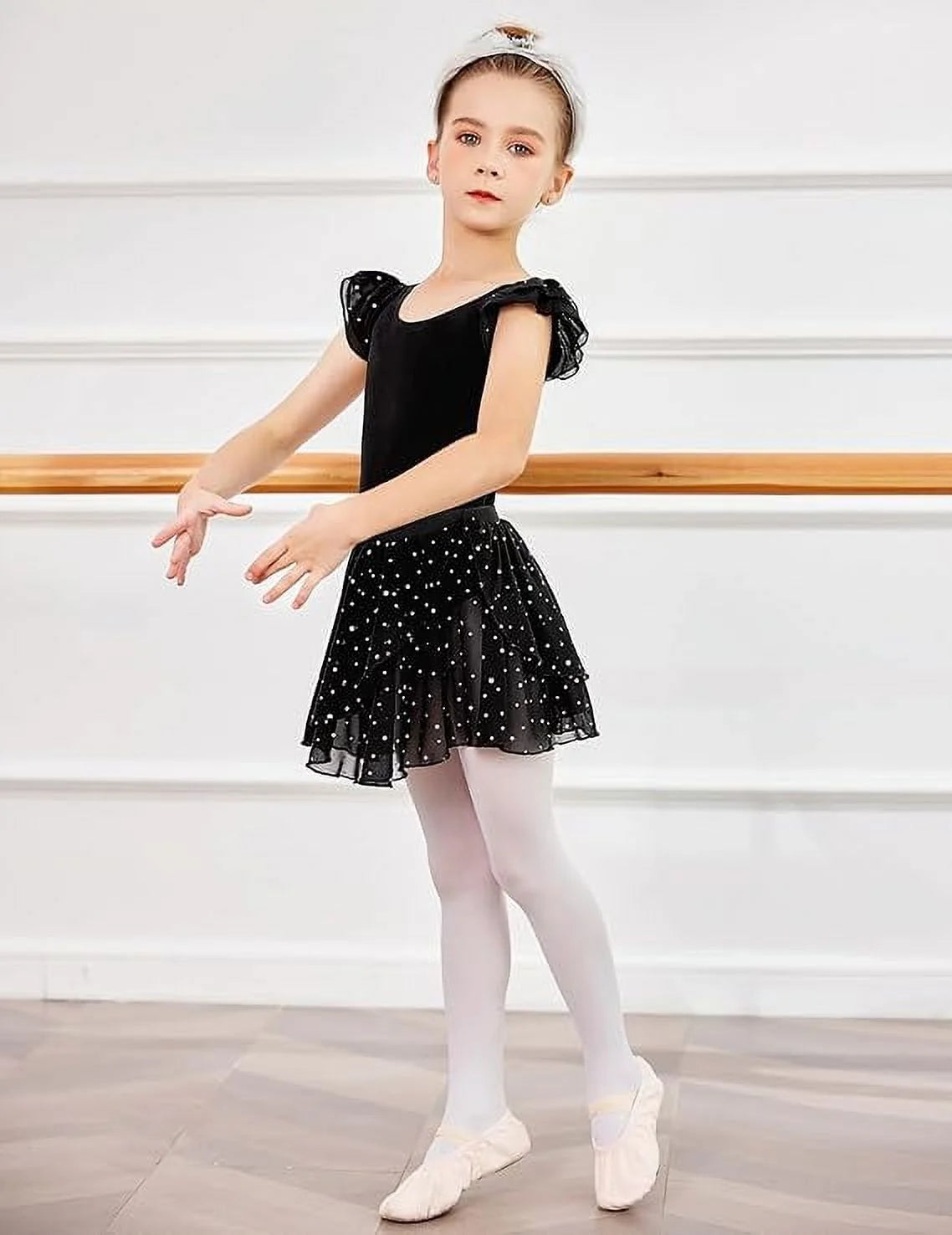 Oudiya Girls Ballet Leotards Ruffle Sleeve Bow Back Toddler Dance Outfits Leotard with Removable Shinny Skirt Combo 3-11Y