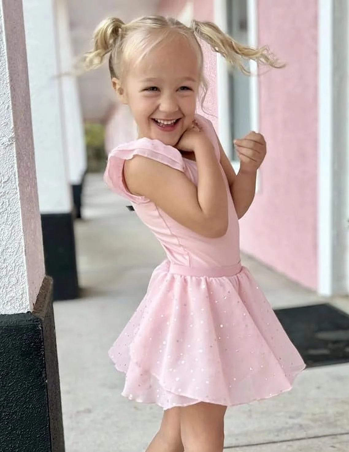 Oudiya Girls Ballet Leotards Ruffle Sleeve Bow Back Toddler Dance Outfits Leotard with Removable Shinny Skirt Combo 3-11Y