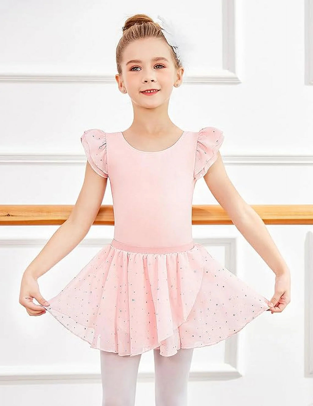 Oudiya Girls Ballet Leotards Ruffle Sleeve Bow Back Toddler Dance Outfits Leotard with Removable Shinny Skirt Combo 3-11Y