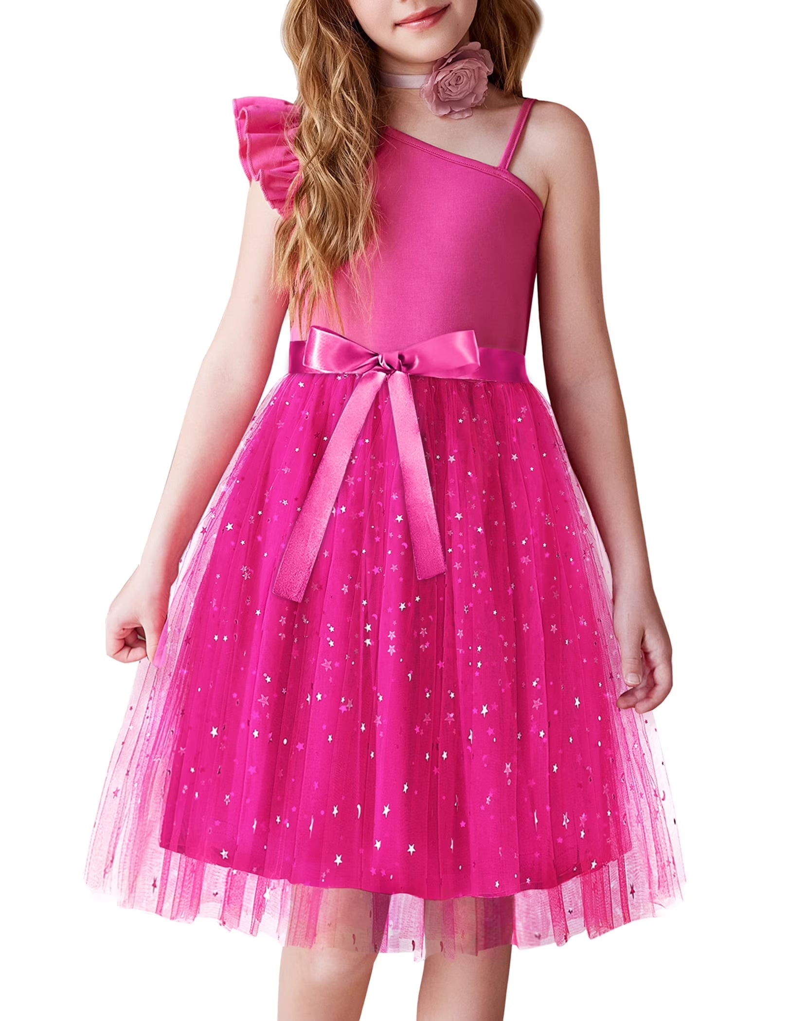 Oudiya Girls Spring One Shoulder Dresses Ruffle Sleeveless Formal Birthday Party Tulle Belted Dress for Kids 4-12Y