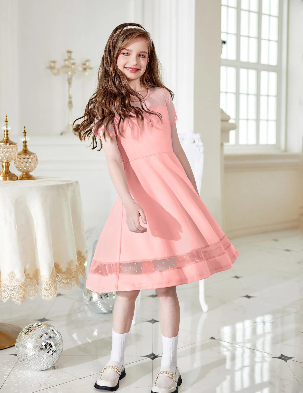 Oudiya Girls Contrast Mesh Short Sleeve A Line Party Dresses Formal Dress with Pockets for Tween 5-12Y