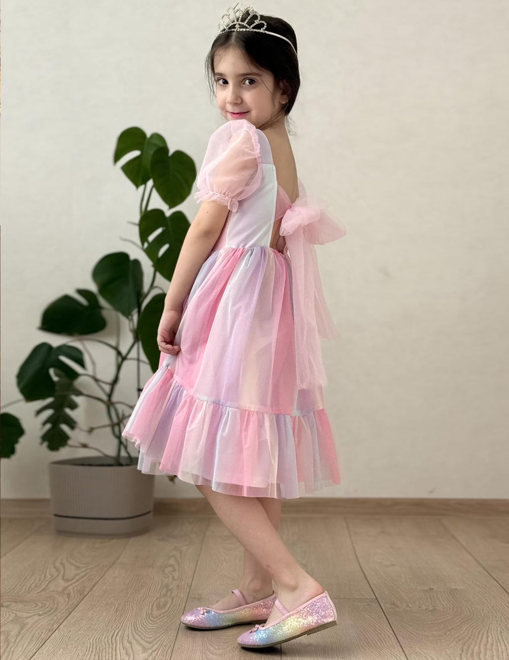 Oudiya Girls Tulle Dresses Puff Sleeve Bow Tie Back Spring Summer Party Holiday Dress for Kids 6-16