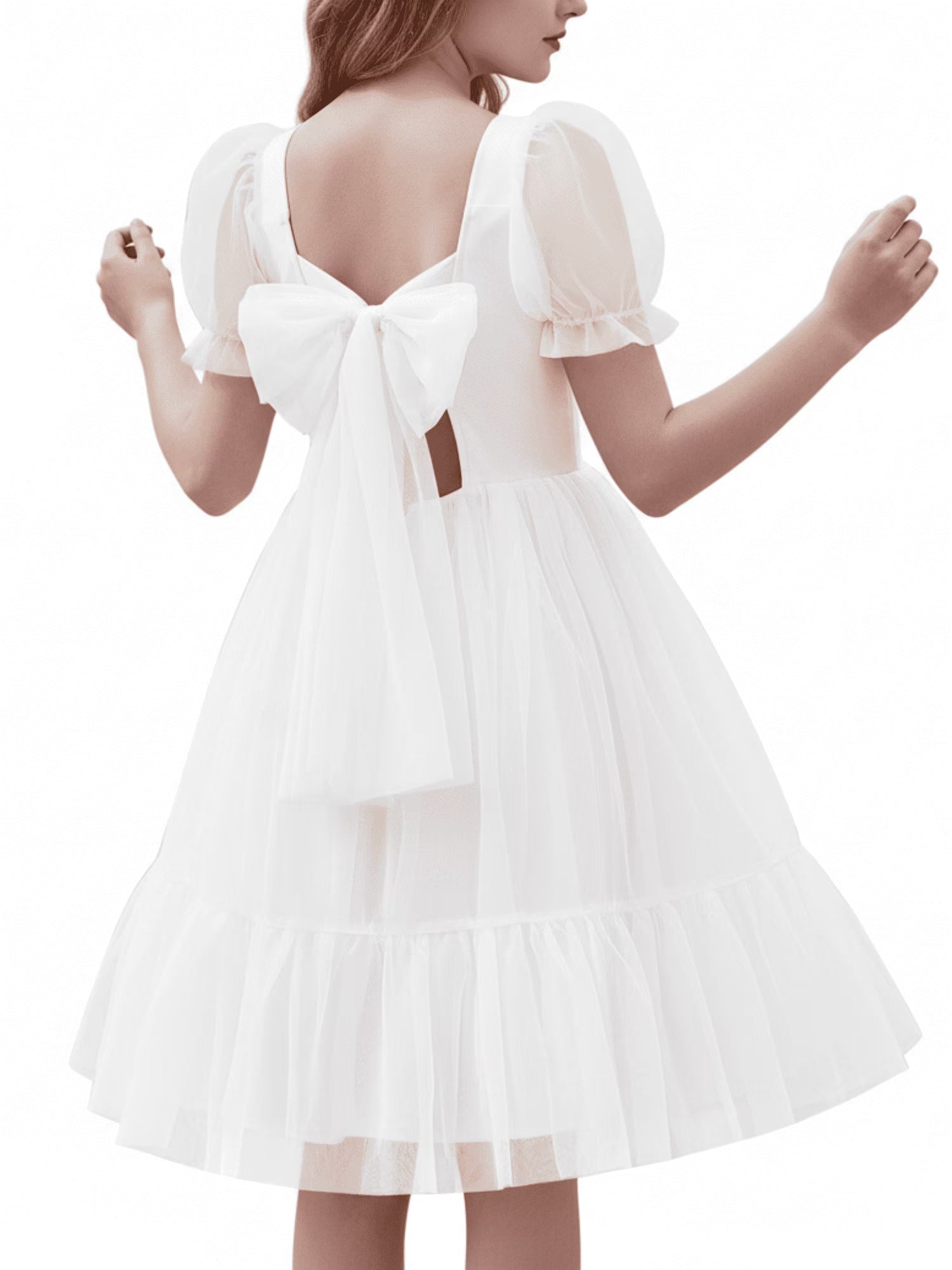 Oudiya Girls Tulle Dresses Puff Sleeve Bow Tie Back Spring Summer Party Holiday Dress for Kids 6-16