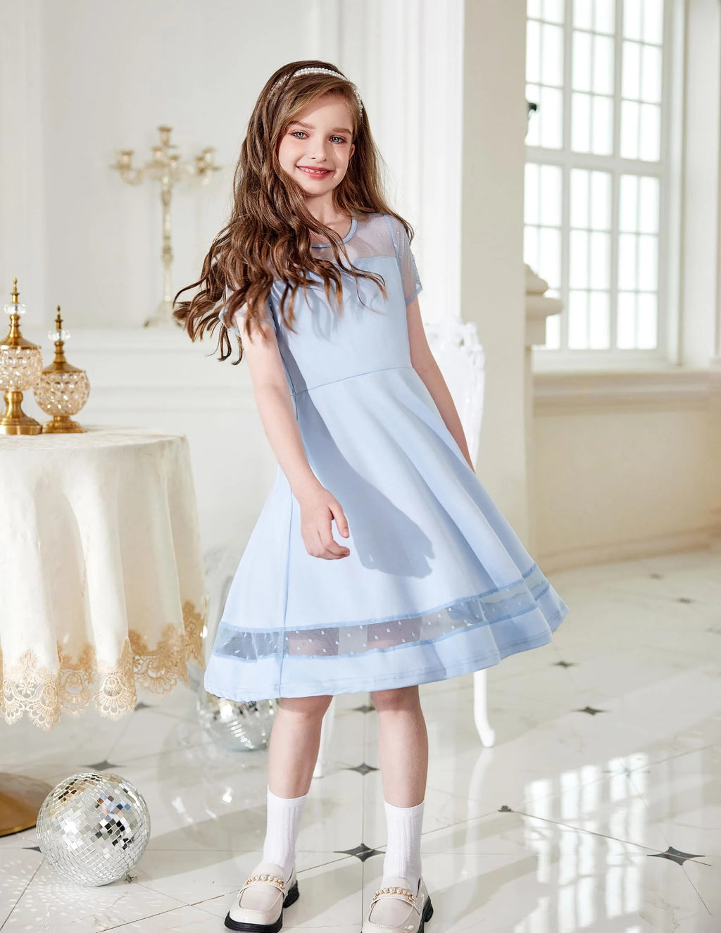 Oudiya Girls Contrast Mesh Short Sleeve A Line Party Dresses Formal Dress with Pockets for Tween 5-12Y