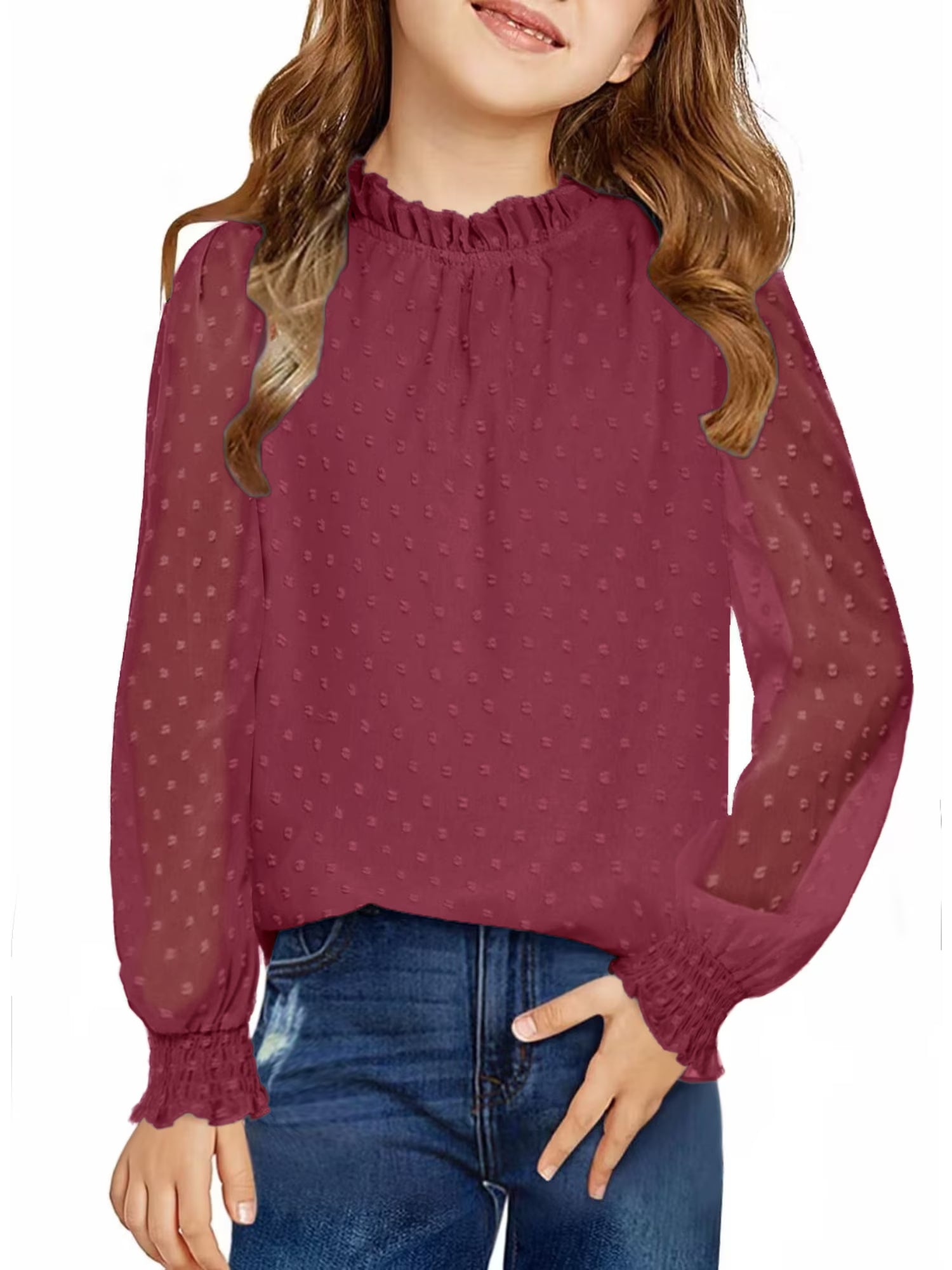 Oudiya Girls Long Sleeve Shirts Chiffon Swiss Dot Blouses Frill Neck Top Casual Loose Cute Tee for Kids 6-13Y