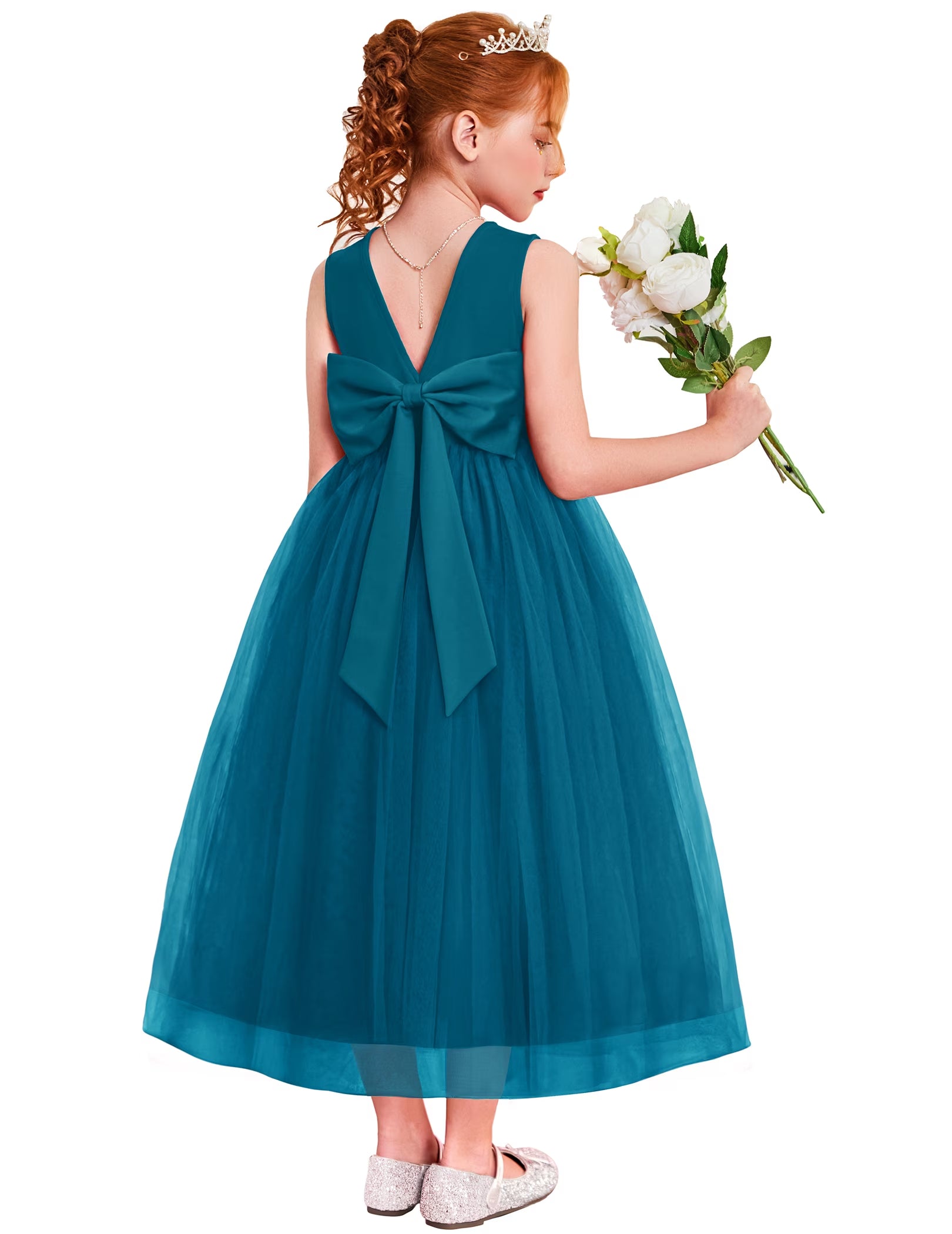 Oudiya Flower Girls Dress Bowknot V-Back Formal Pageant Ball Gown Party Wedding Tulle Long Dresses, 4-12Y