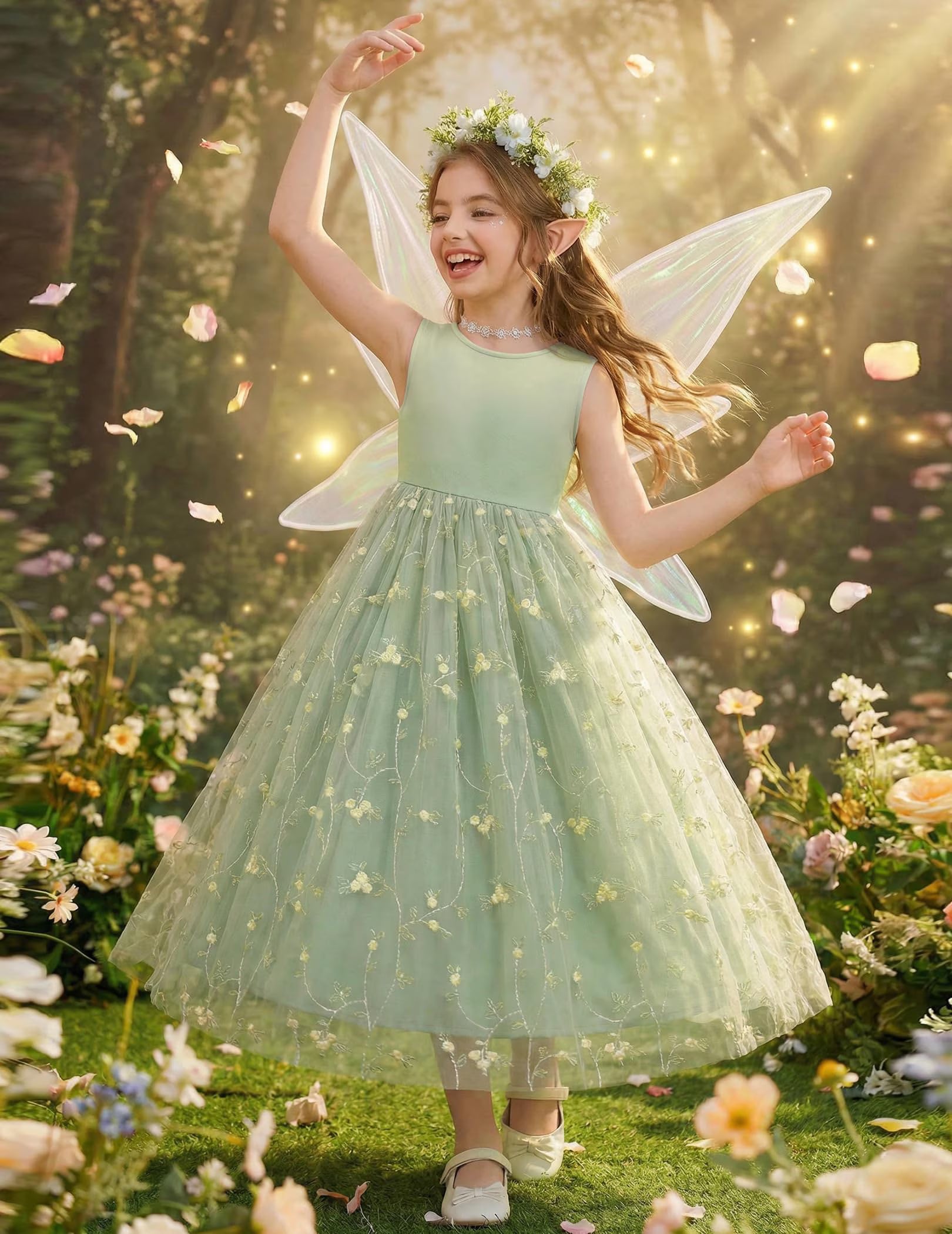 Oudiya Flower Girls Dress Bowknot V-Back Formal Pageant Ball Gown Party Wedding Tulle Long Dresses, 4-12Y