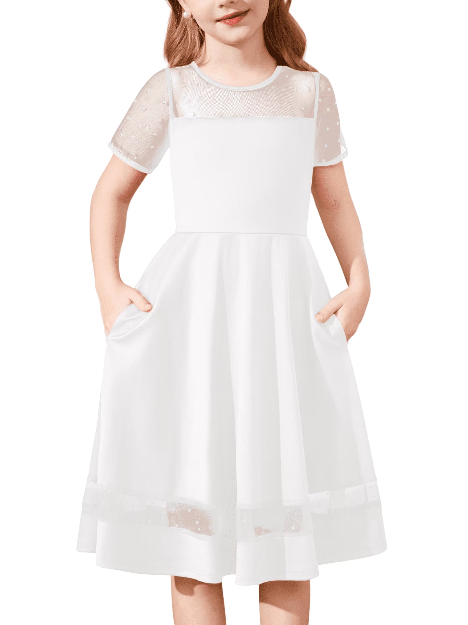 Oudiya Girls Contrast Mesh Short Sleeve A Line Party Dresses Formal Dress with Pockets for Tween 5-12Y