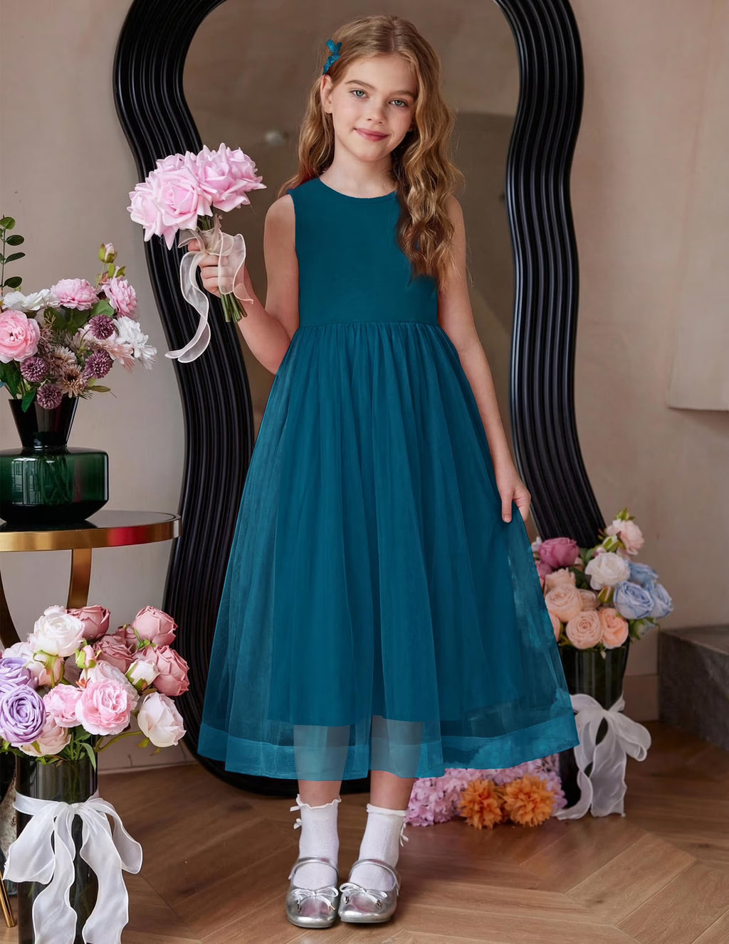 Oudiya Flower Girls Dress Bowknot V-Back Formal Pageant Ball Gown Party Wedding Tulle Long Dresses, 4-12Y