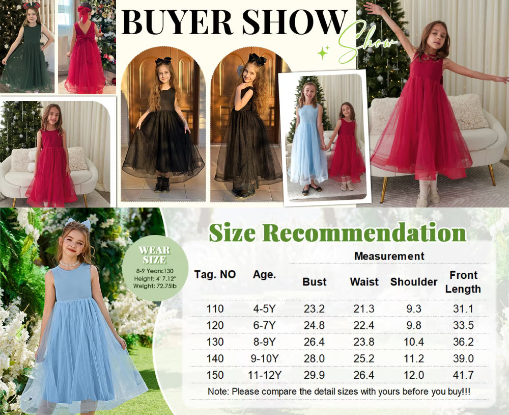 Oudiya Flower Girls Dress Bowknot V-Back Formal Pageant Ball Gown Party Wedding Tulle Long Dresses, 4-12Y