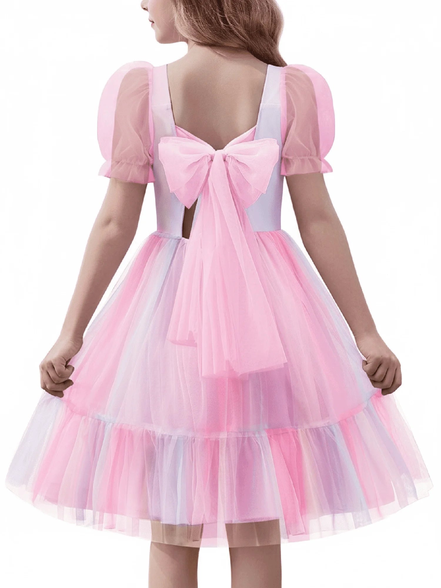 Oudiya Girls Tulle Dresses Puff Sleeve Bow Tie Back Spring Summer Party Holiday Dress for Kids 6-16