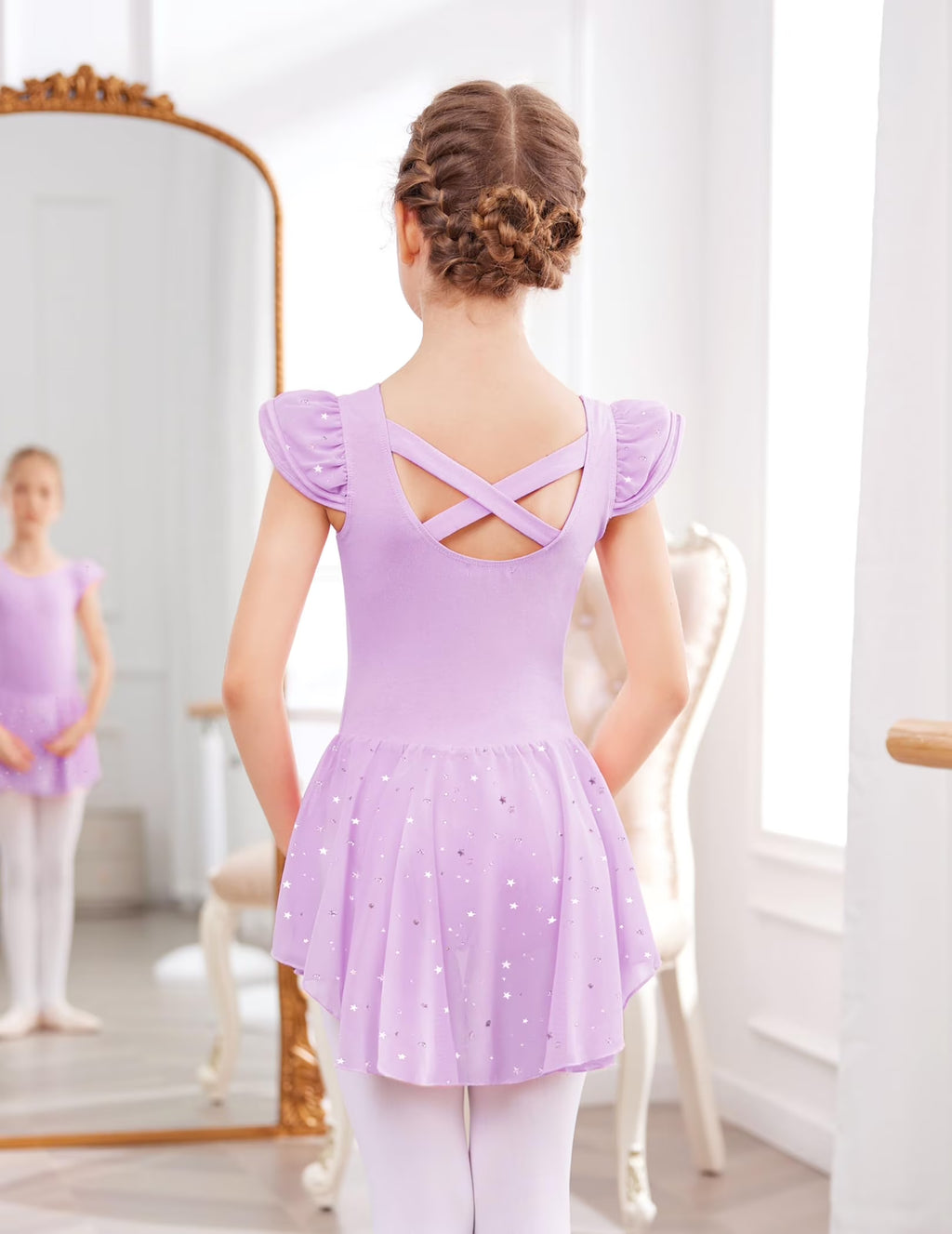Oudiya Girls Ballet Dress Ruffle Sleeve Dance Leotard with Skirt Criss Cross Back Dance Clothes for Kids 3-4Y