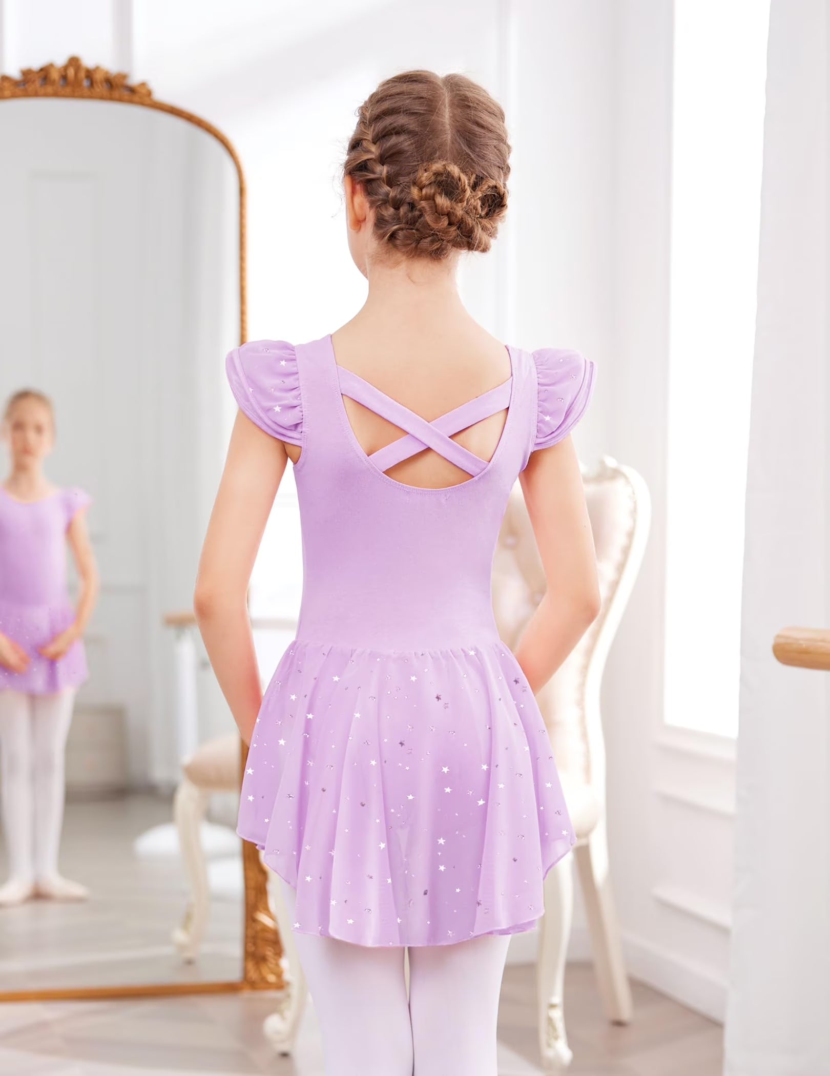 Oudiya Girls Ballet Dress Ruffle Sleeve Dance Leotard with Skirt Criss Cross Back Dance Clothes for Kids 3-4Y