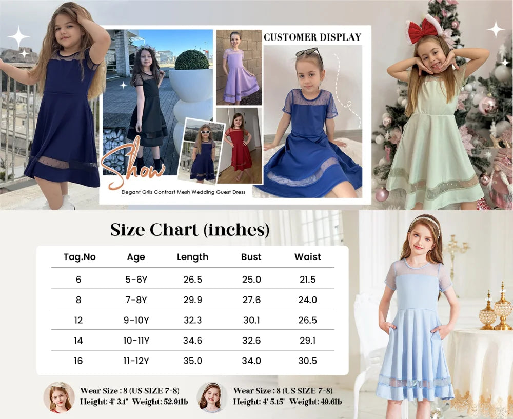 Oudiya Girls Contrast Mesh Short Sleeve A Line Party Dresses Formal Dress with Pockets for Tween 5-12Y