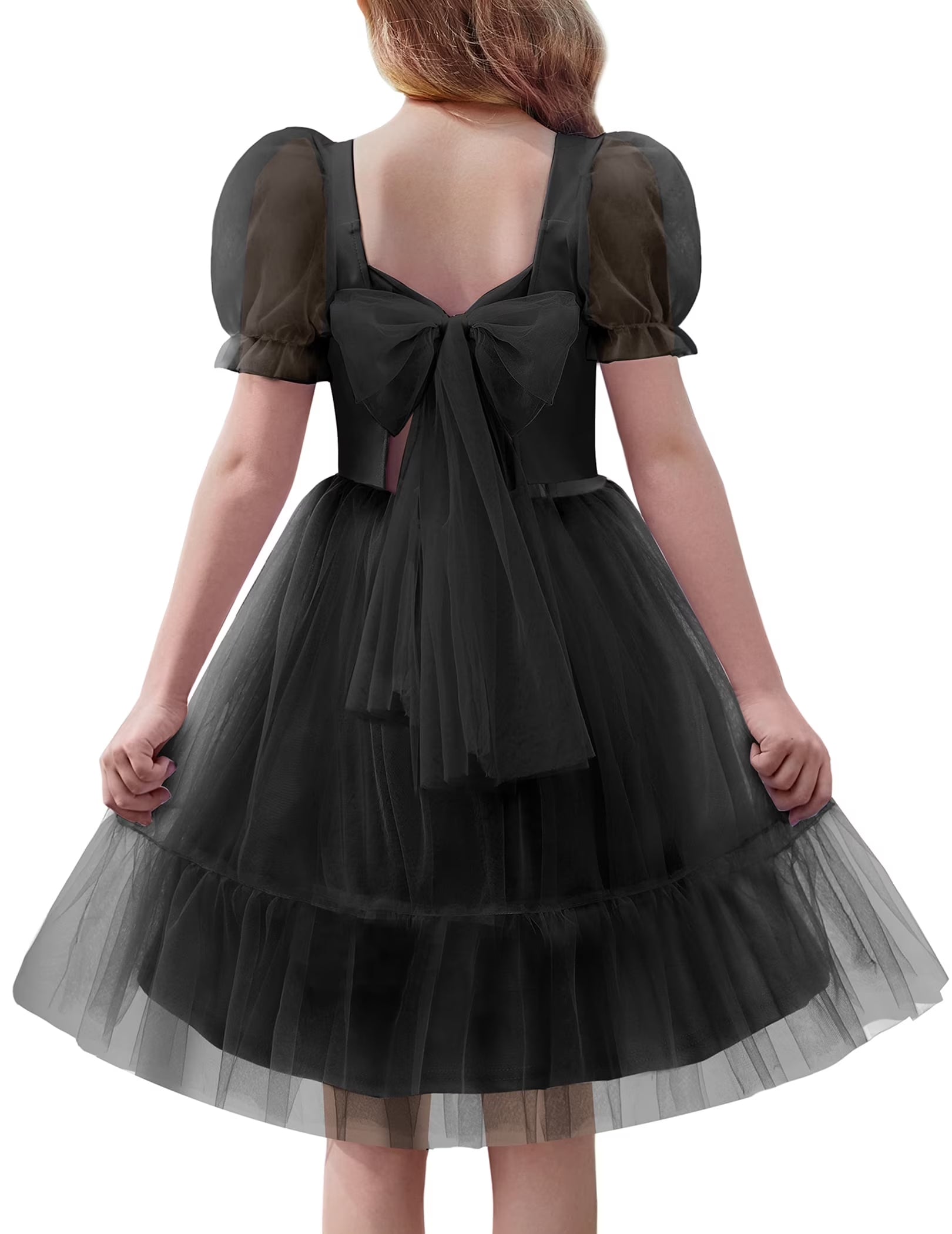 Oudiya Girls Tulle Dresses Puff Sleeve Bow Tie Back Spring Summer Party Holiday Dress for Kids 6-16