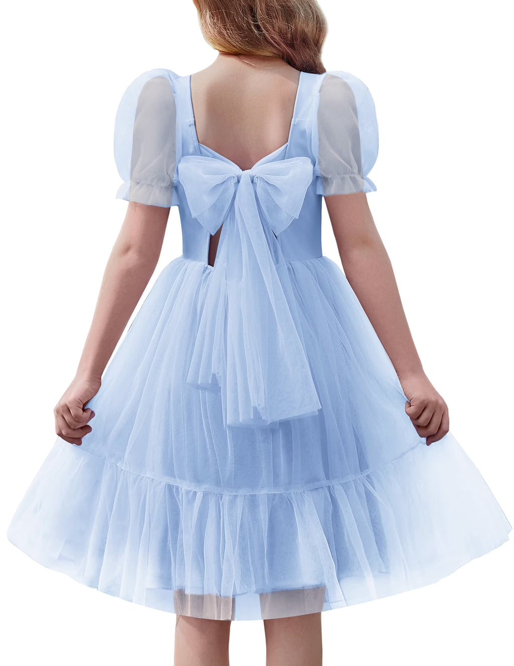Oudiya Girls Tulle Dresses Puff Sleeve Bow Tie Back Spring Summer Party Holiday Dress for Kids 6-16