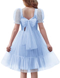 Oudiya Girls Tulle Dresses Puff Sleeve Bow Tie Back Spring Summer Party Holiday Dress for Kids 6-16