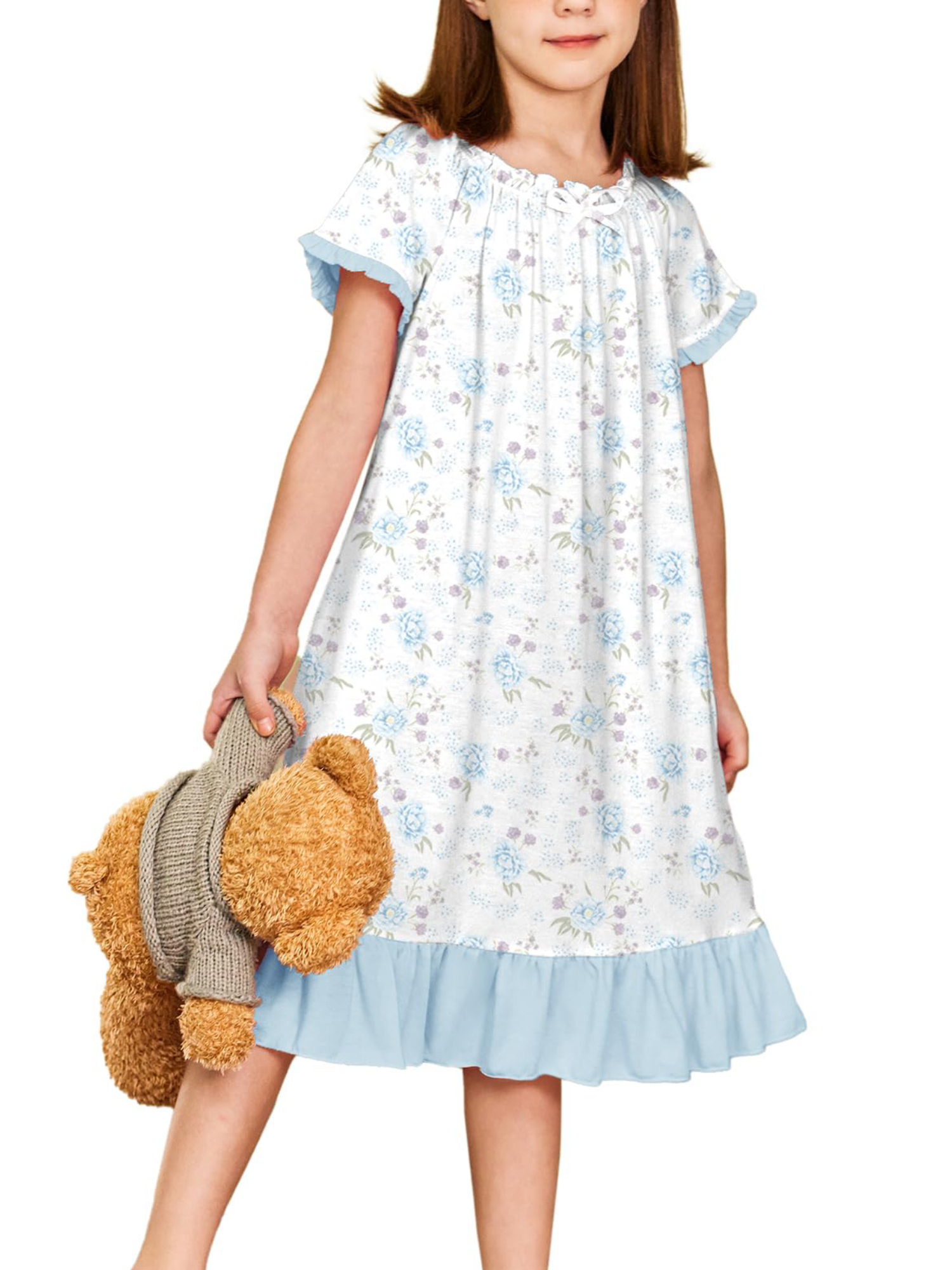 Oudiya Girls Short Sleeve Nightgowns Princess Sleepwear with Ruffled Hem Pajama Dress for Kids 3-12 Years