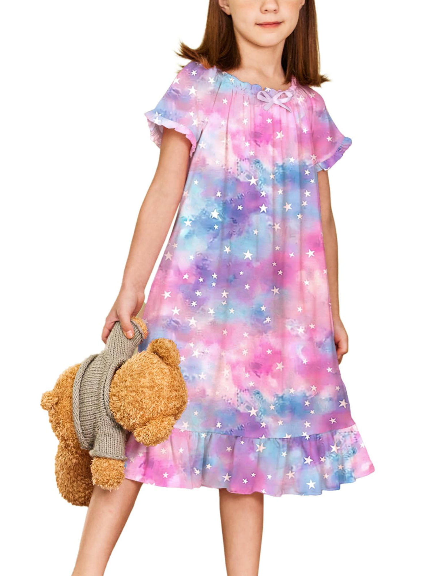 Oudiya Girls Short Sleeve Nightgowns Princess Sleepwear with Ruffled Hem Pajama Dress for Kids 3-12 Years