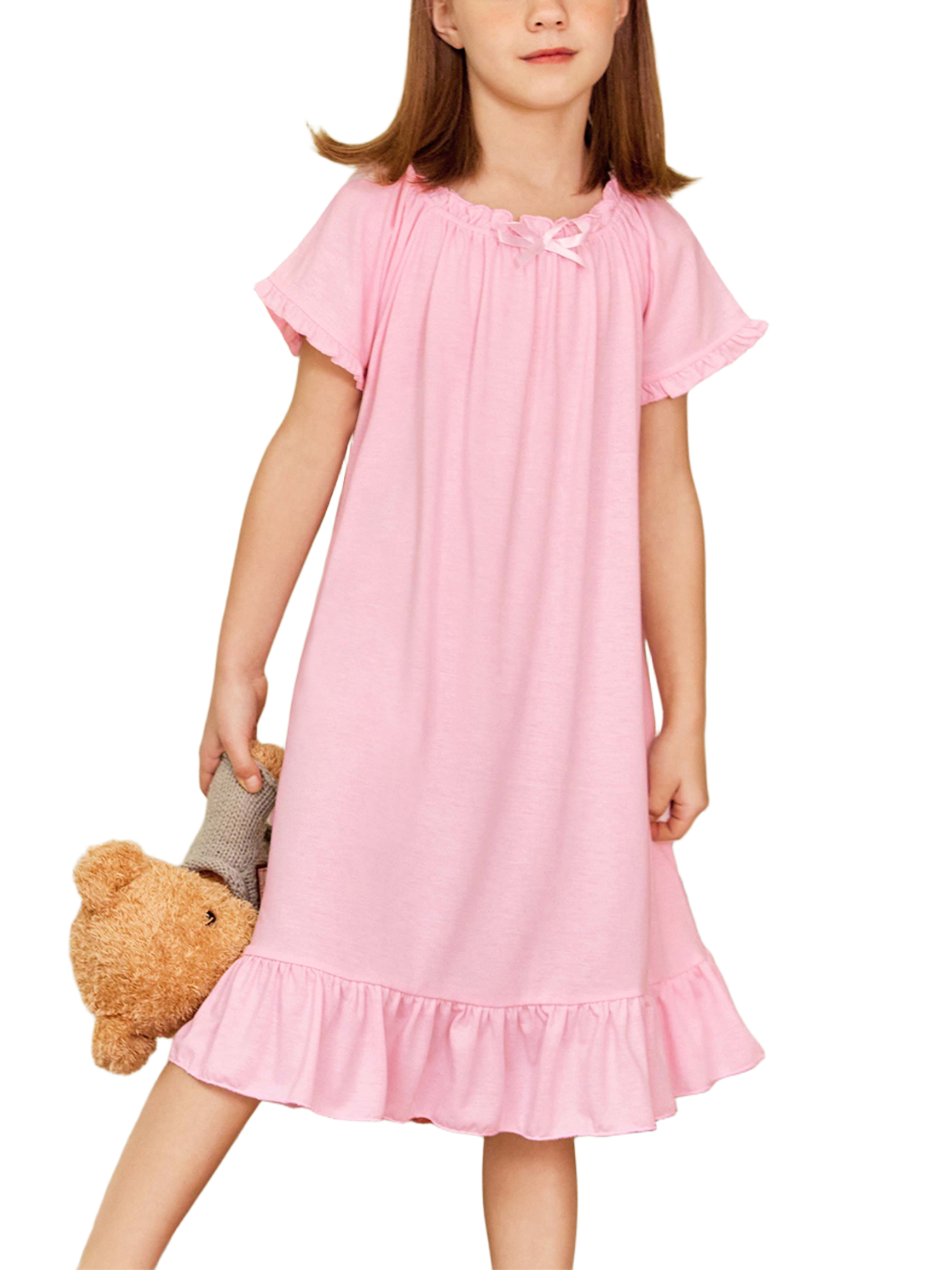Oudiya Girls Short Sleeve Nightgowns Princess Sleepwear with Ruffled Hem Pajama Dress for Kids 3-12 Years