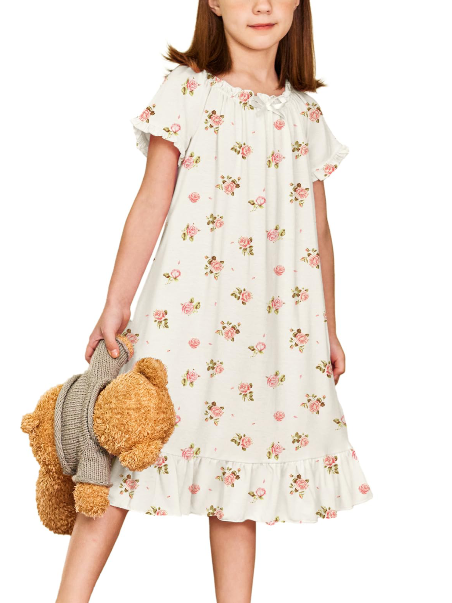 Oudiya Girls Short Sleeve Nightgowns Princess Sleepwear with Ruffled Hem Pajama Dress for Kids 3-12 Years