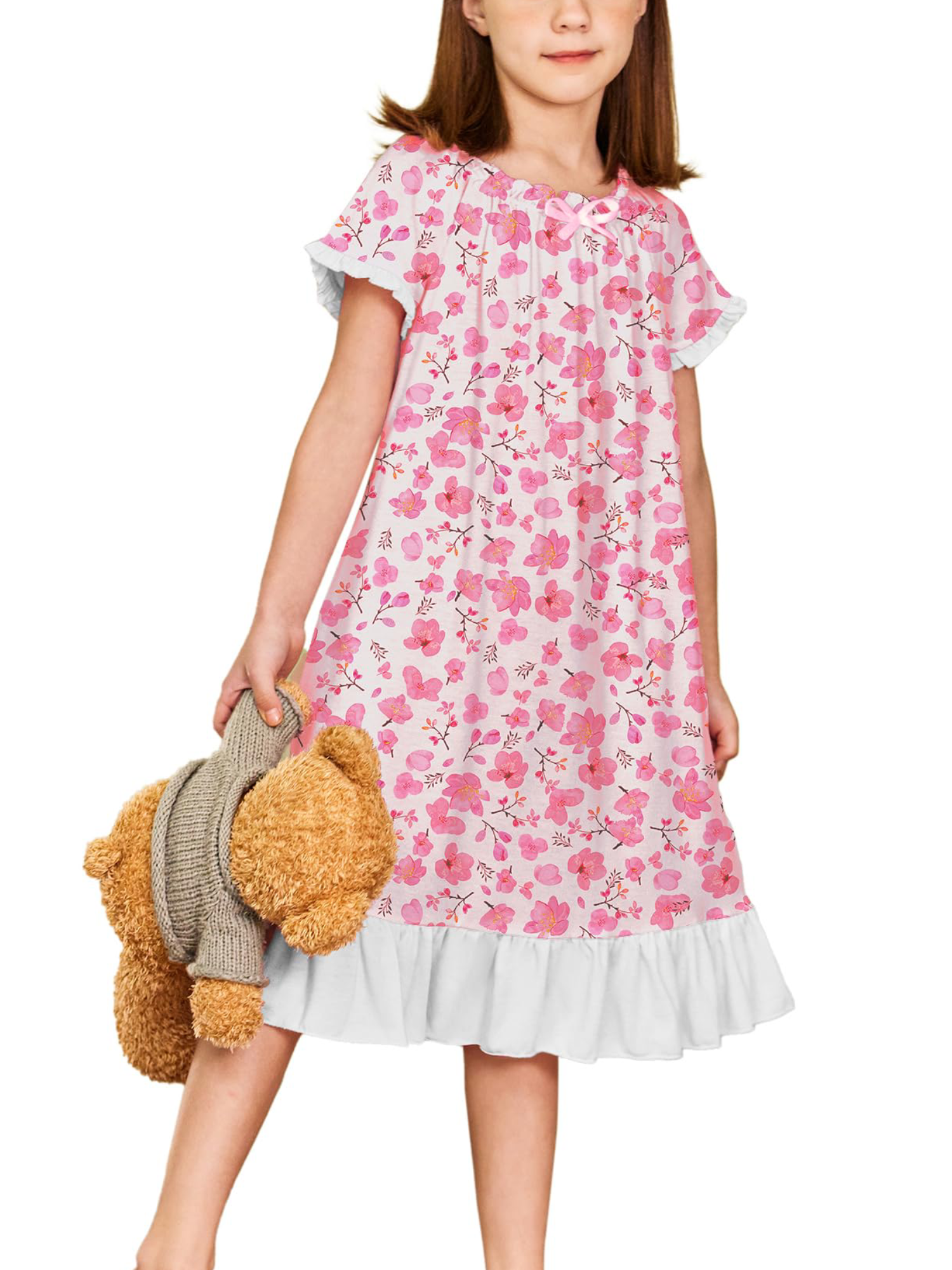Oudiya Girls Short Sleeve Nightgowns Princess Sleepwear with Ruffled Hem Pajama Dress for Kids 3-12 Years