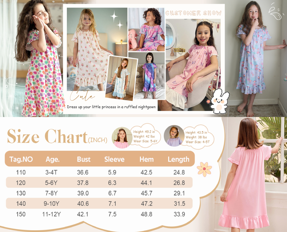 Oudiya Girls Short Sleeve Nightgowns Princess Sleepwear with Ruffled Hem Pajama Dress for Kids 3-12 Years
