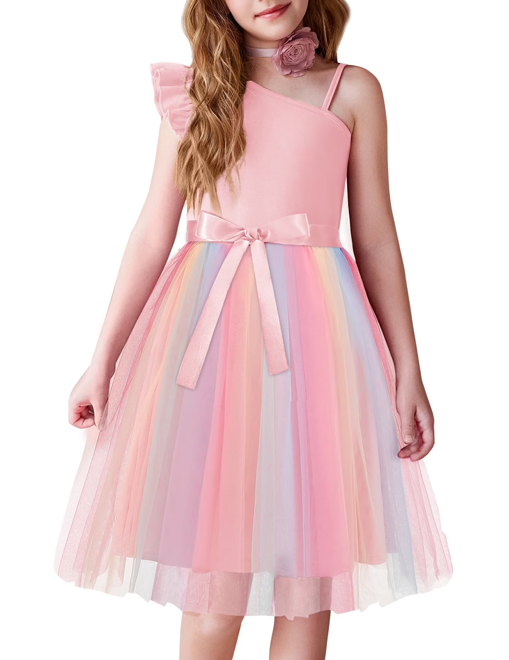 Oudiya Girls Spring One Shoulder Dresses Ruffle Sleeveless Formal Birthday Party Tulle Belted Dress for Kids 4-12Y