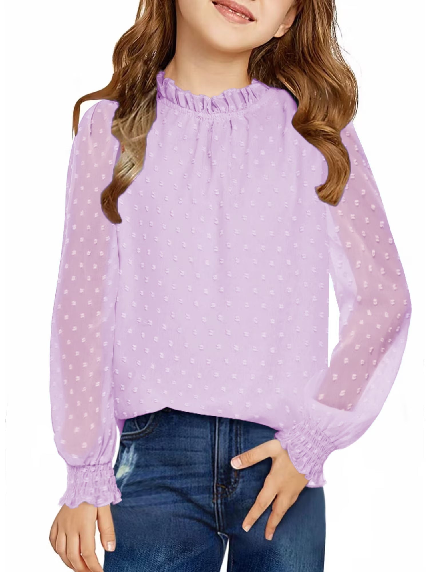 Oudiya Girls Long Sleeve Shirts Chiffon Swiss Dot Blouses Frill Neck Top Casual Loose Cute Tee for Kids 6-13Y