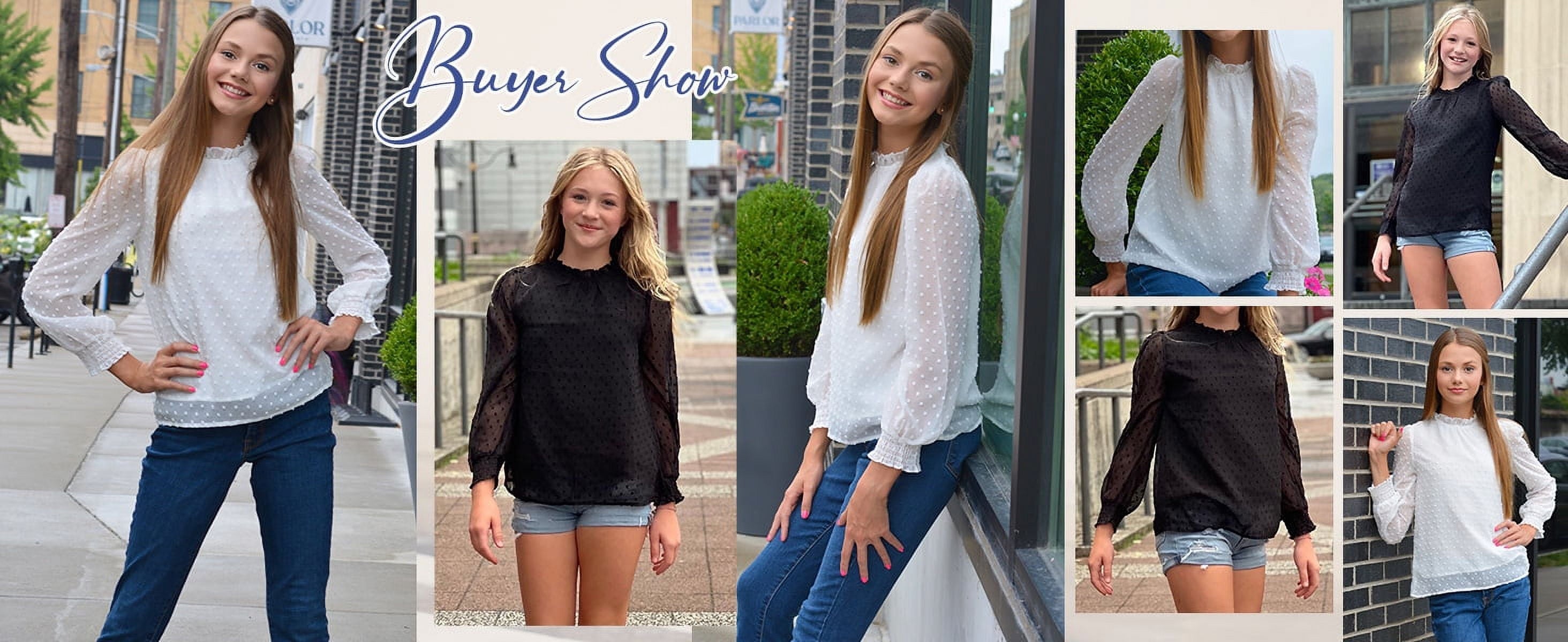 Oudiya Girls Long Sleeve Shirts Chiffon Swiss Dot Blouses Frill Neck Top Casual Loose Cute Tee for Kids 6-13Y