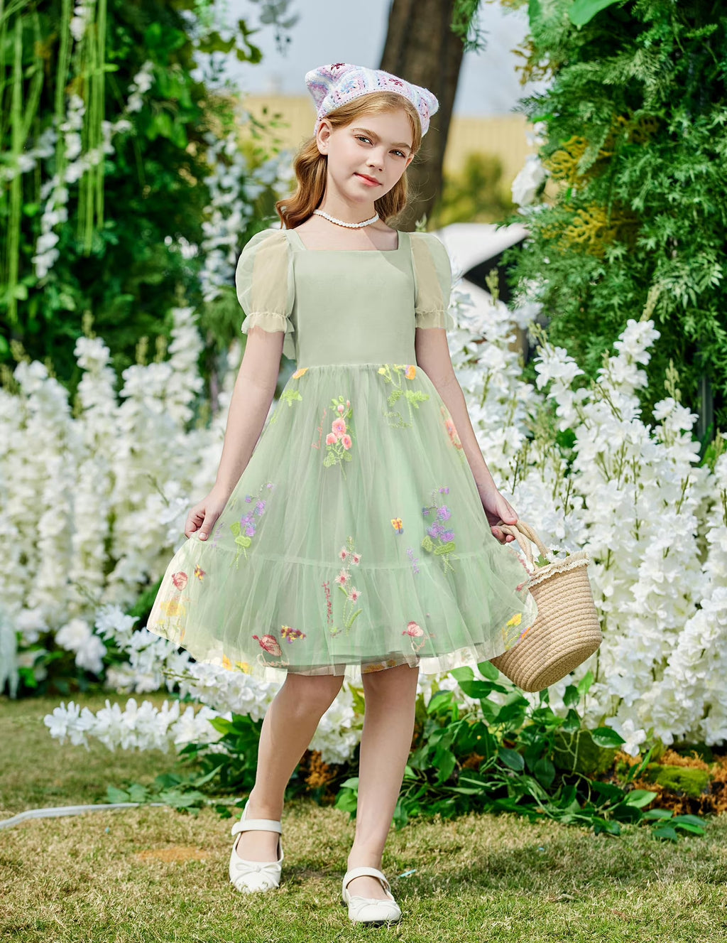 Oudiya Girls Tulle Dresses Puff Sleeve Bow Tie Back Spring Summer Party Holiday Dress for Kids 6-16