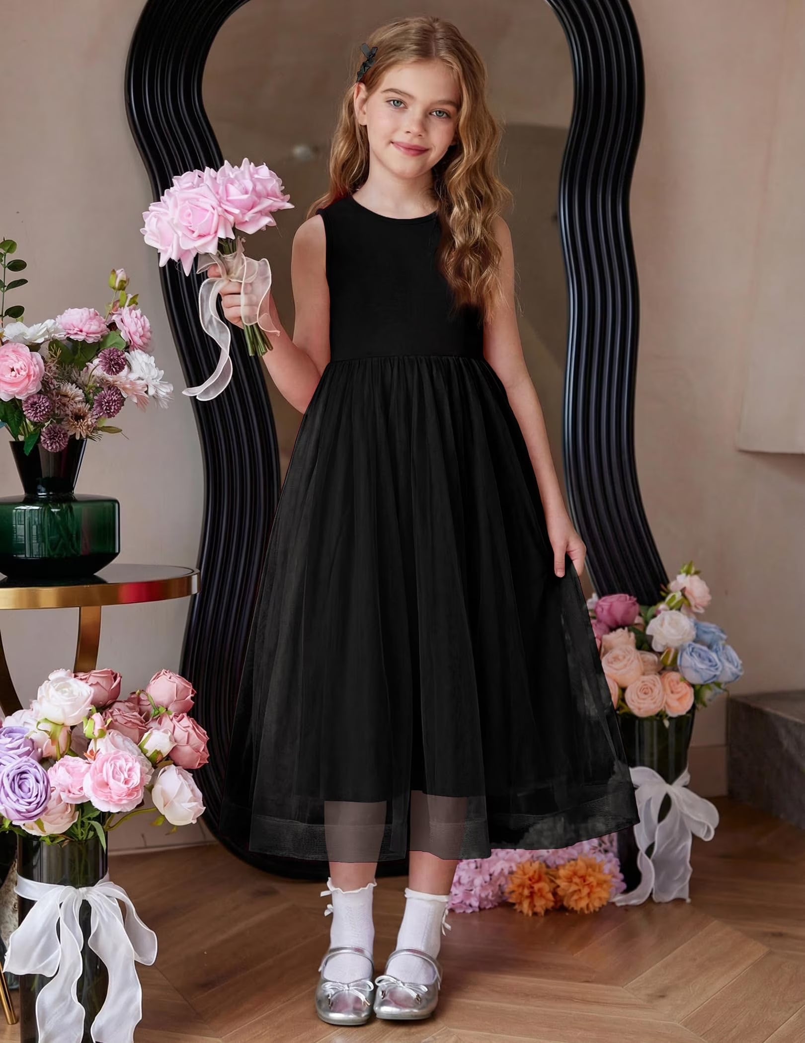 Oudiya Flower Girls Dress Bowknot V-Back Formal Pageant Ball Gown Party Wedding Tulle Long Dresses, 4-12Y