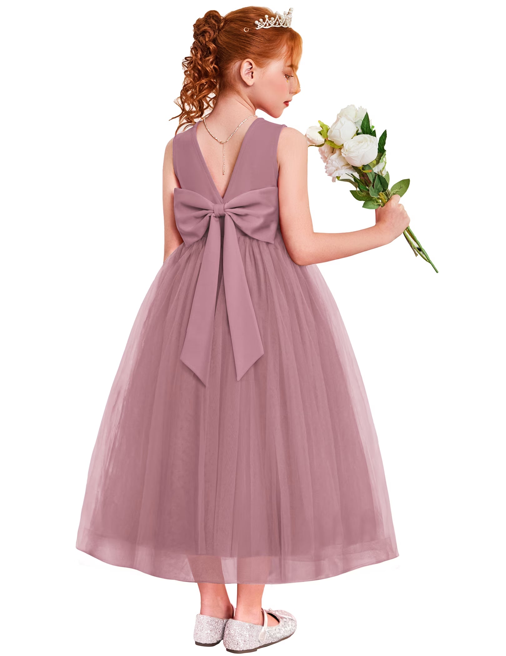 Oudiya Flower Girls Dress Bowknot V-Back Formal Pageant Ball Gown Party Wedding Tulle Long Dresses, 4-12Y