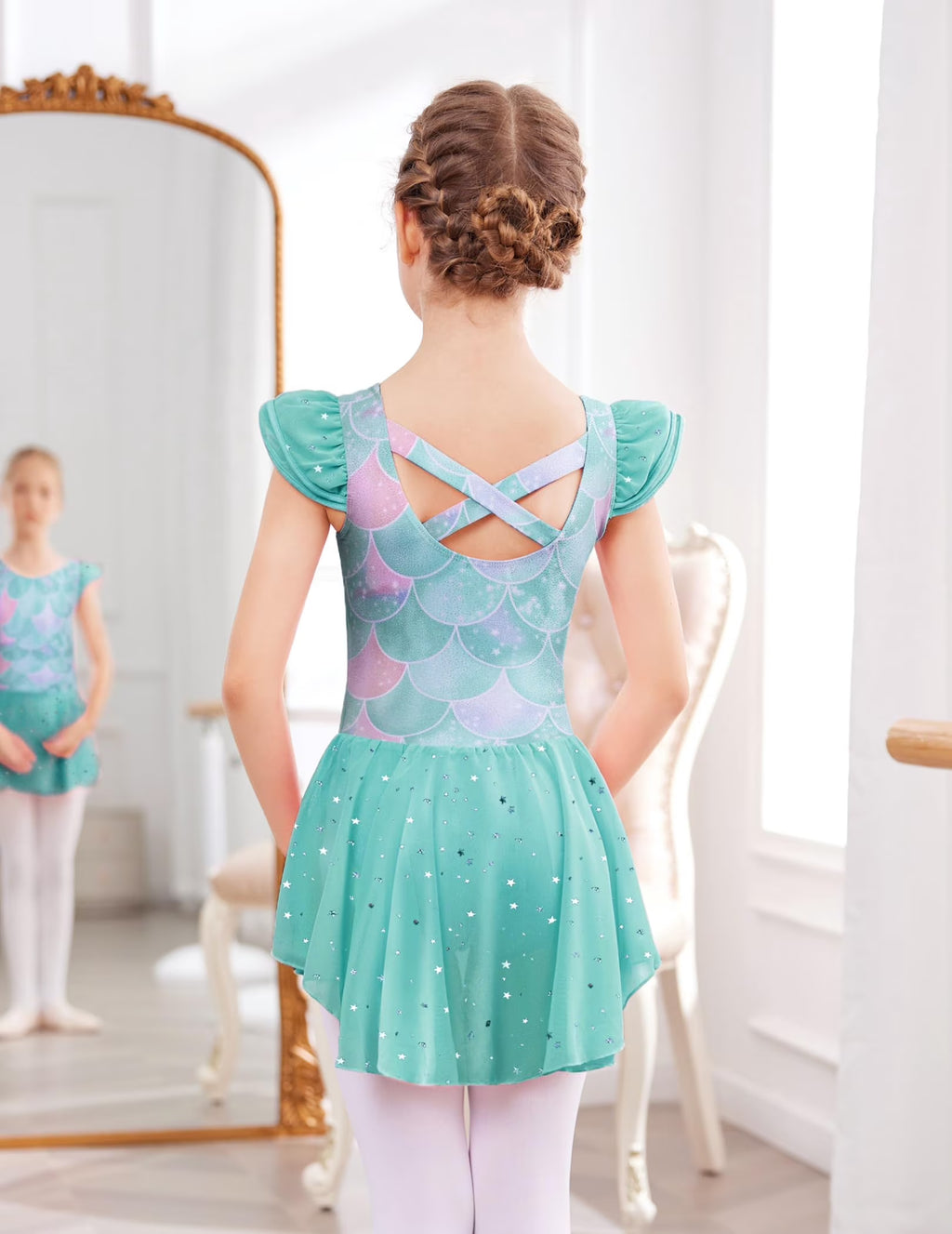 Oudiya Girls Ballet Dress Ruffle Sleeve Dance Leotard with Skirt Criss Cross Back Dance Clothes for Kids 3-4Y