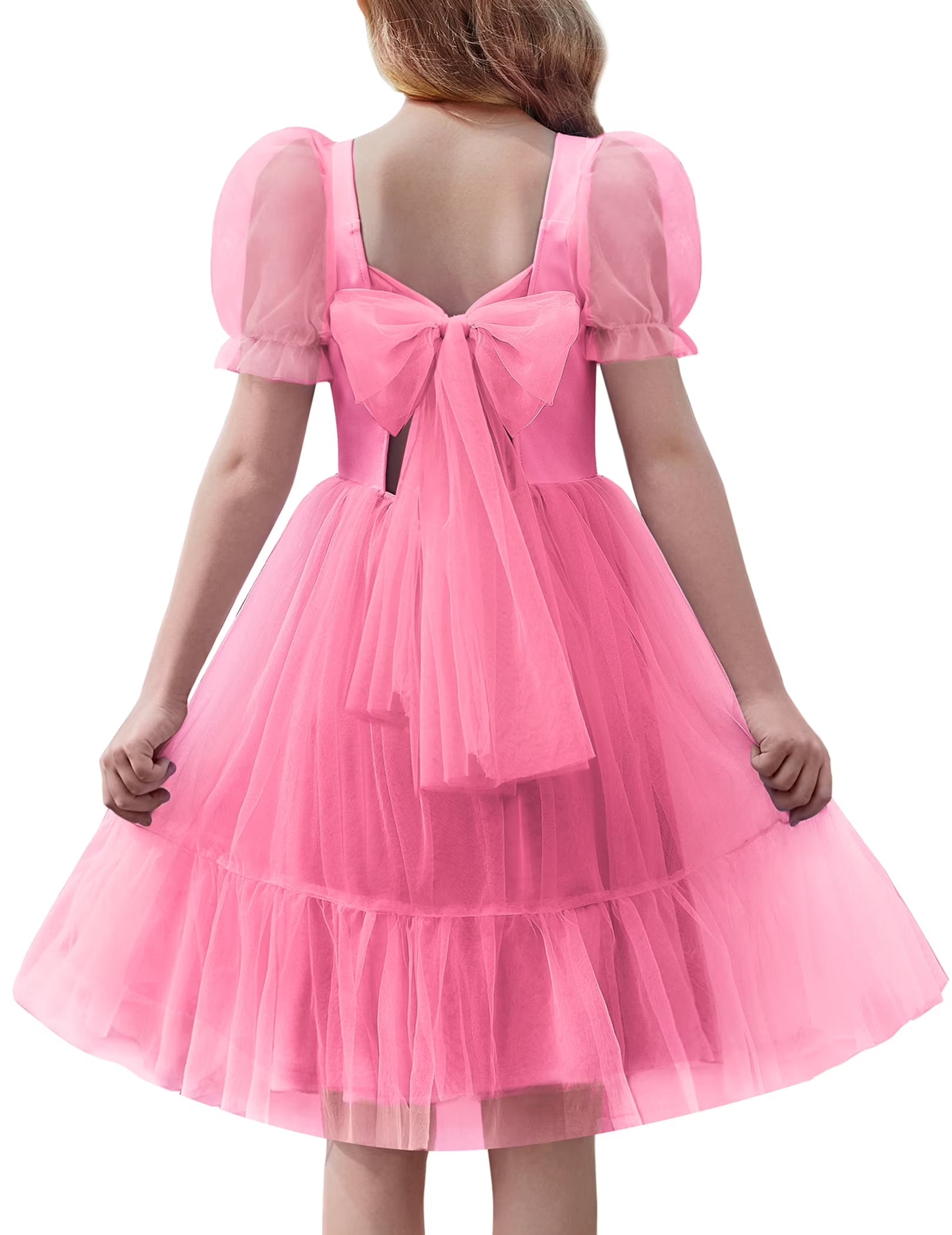 Oudiya Girls Tulle Dresses Puff Sleeve Bow Tie Back Spring Summer Party Holiday Dress for Kids 6-16