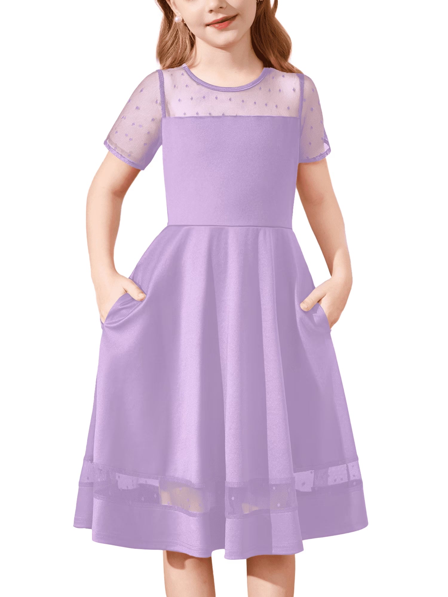 Oudiya Girls Contrast Mesh Short Sleeve A Line Party Dresses Formal Dress with Pockets for Tween 5-12Y